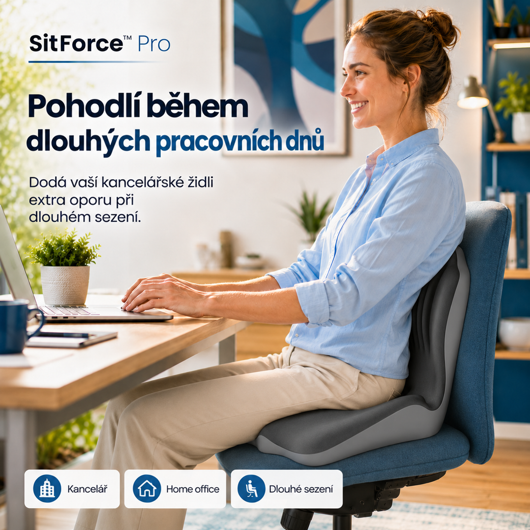 Žena u notebooku sedí na modré kancelářské židli s tmavým sedákem s opěrkou zad 8