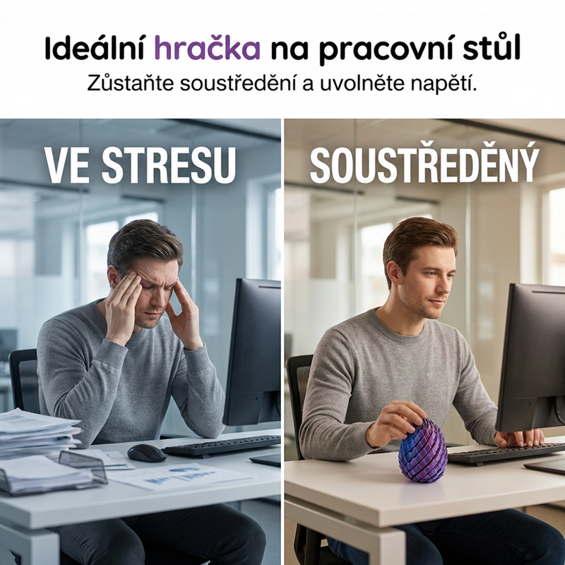 Srovnání dvou záběrů muže u počítače: unavený bez hračky a soustředěný s vajíčkem v ruce na stole. 2