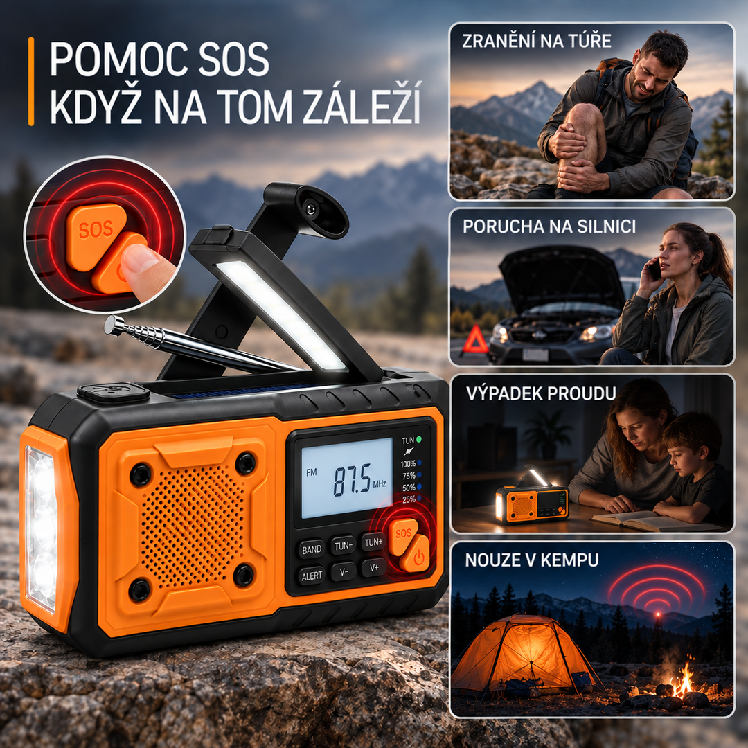 Rádio se zvýrazněným tlačítkem SOS a čtyři situace použití: zranění, porucha auta, výpadek proudu, tábor 8