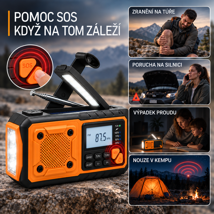 Rádio se zvýrazněným tlačítkem SOS a čtyři situace použití: zranění, porucha auta, výpadek proudu, tábor 8
