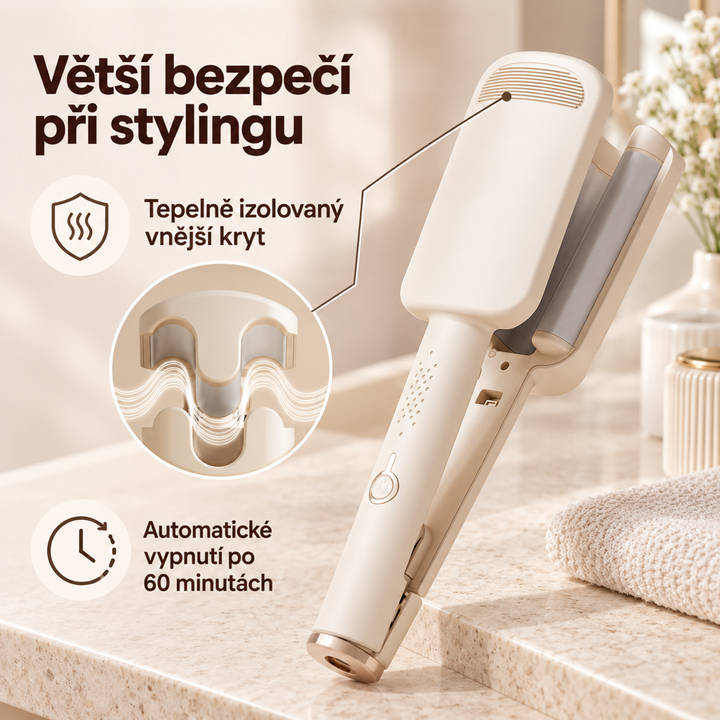 Béžová kulma na mramorové desce, výřez zobrazuje vlnité plotny, grafika o bezpečnosti a automatickém vypnutí 13