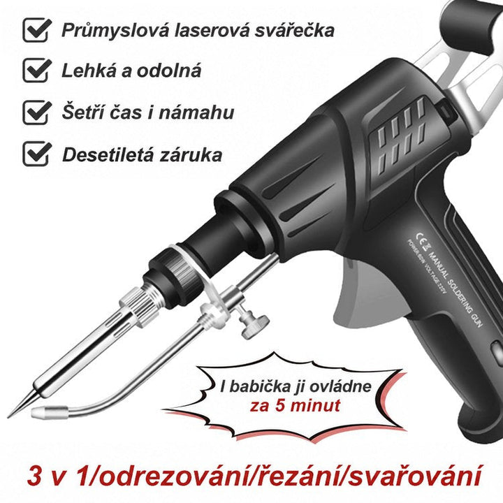 Pistole s hrotem a zahnutou trubičkou vedle seznamu výhod s odškrtávacími políčky 11