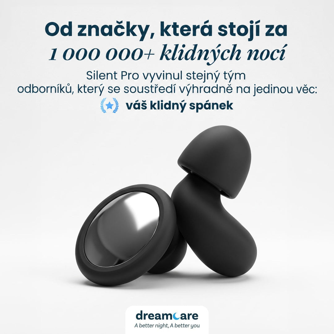 Dvojice černých špuntů s lesklým stříbrným kolečkem na světlém pozadí, dole logo značky a text o nočním klidu. 8