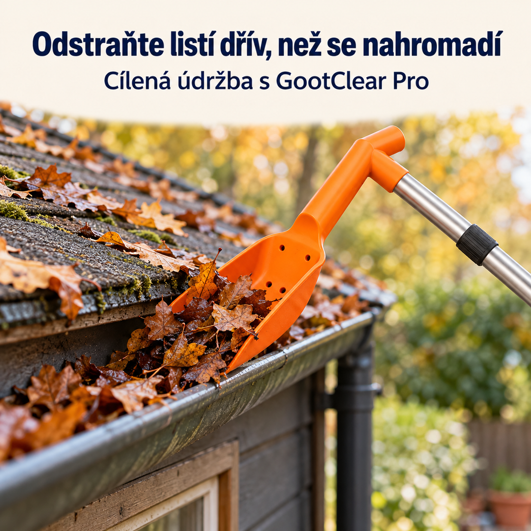 Zblízka oranžová lopatka s otvory nabírá mokré podzimní listí z okapu 7