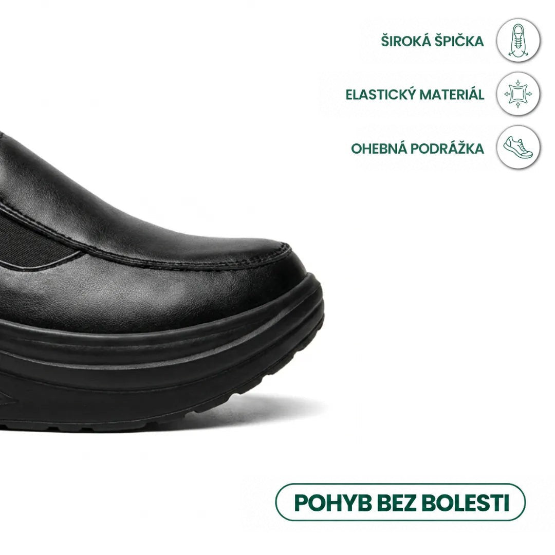 Detail široké špičky černé boty, grafika upozorňuje na elastický materiál a pružnou podrážku 5