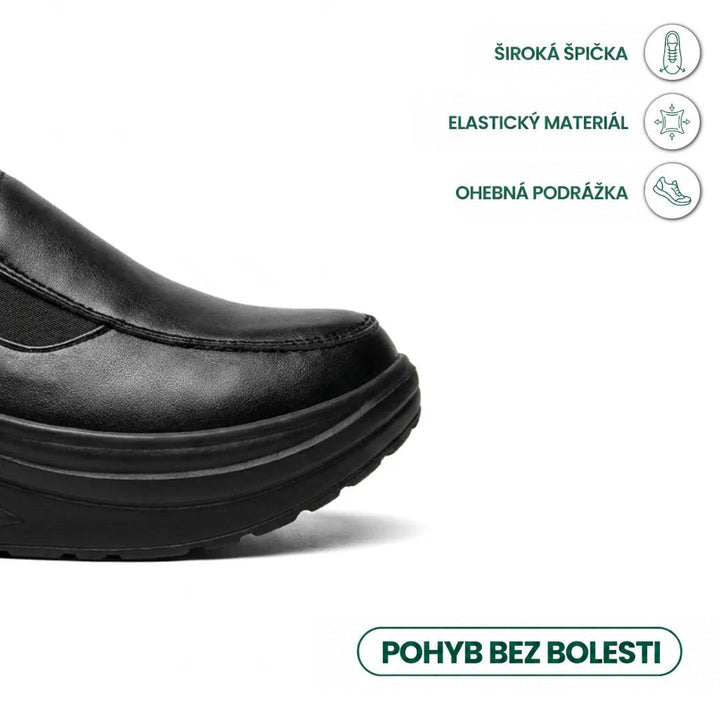 Detail široké špičky černé boty, grafika upozorňuje na elastický materiál a pružnou podrážku 5