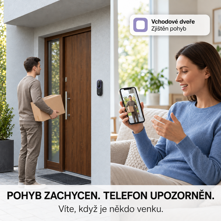 Kurýr s balíkem u dveří a žena na gauči, která ho vidí na telefonu 2
