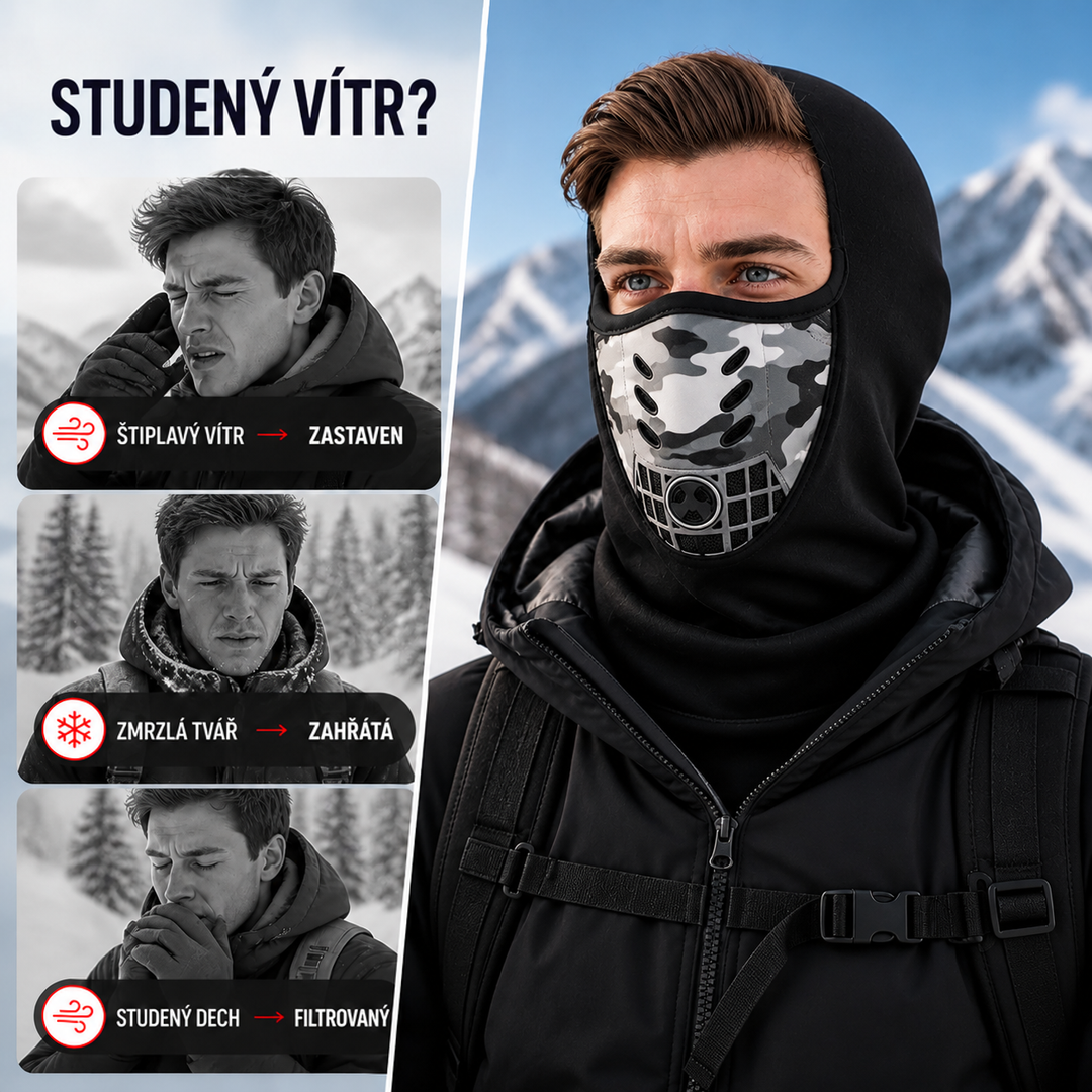 Muž v černé kukle s větracím panelem v zimní krajině, vlevo tři malé scény s větrem, mrazem a studeným dechem. 2