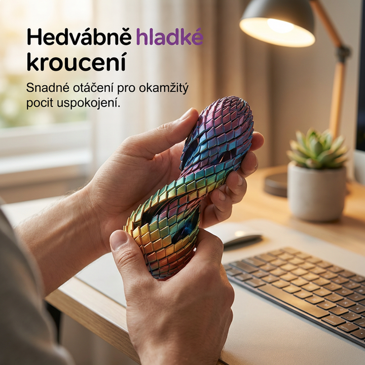 Ruce stáčejí vejce do dlouhé spirály s duhovými šupinami u stolu s lampou, klávesnicí a rostlinou. 4