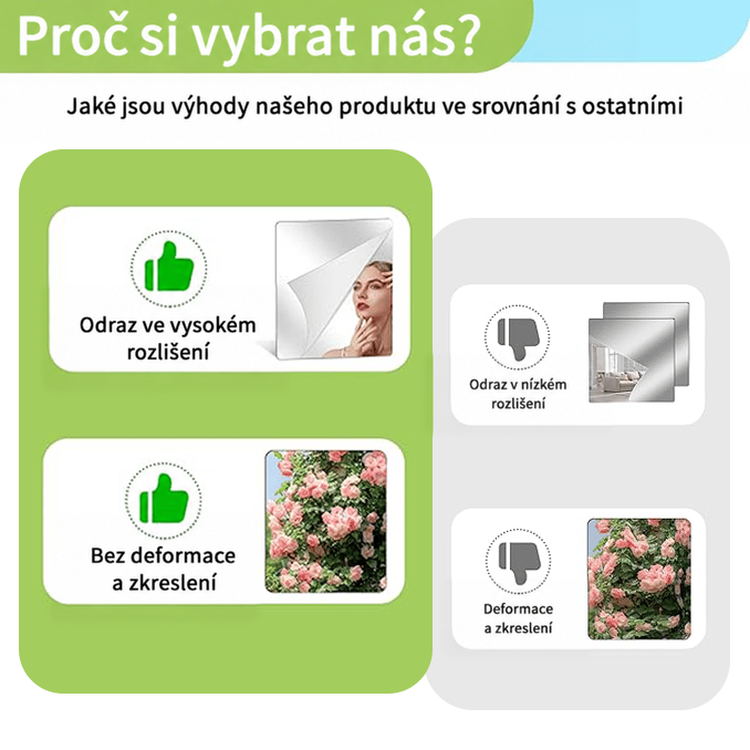 Srovnání zrcadlové fólie s horší variantou: ostrý odraz bez zkreslení proti rozmazanému a zdeformovanému obrazu růží. 10
