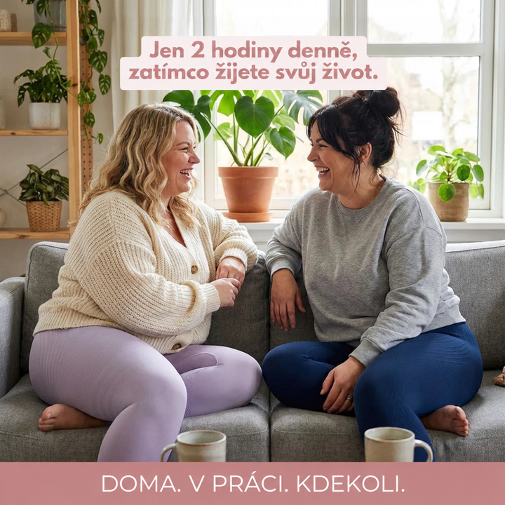 Dvě smějící se ženy na šedé pohovce v domácím prostředí, jedna ve světle fialových a druhá v modrých legínách. 16