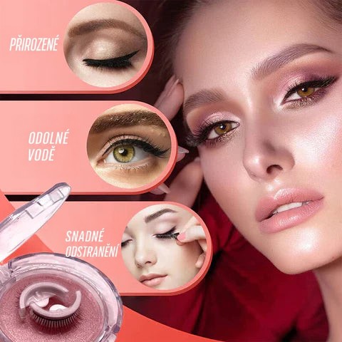 Žena s růžovým líčením a nalepenými řasami, vedle tři kruhové výřezy očí a otevřené pouzdro s řasami. 3