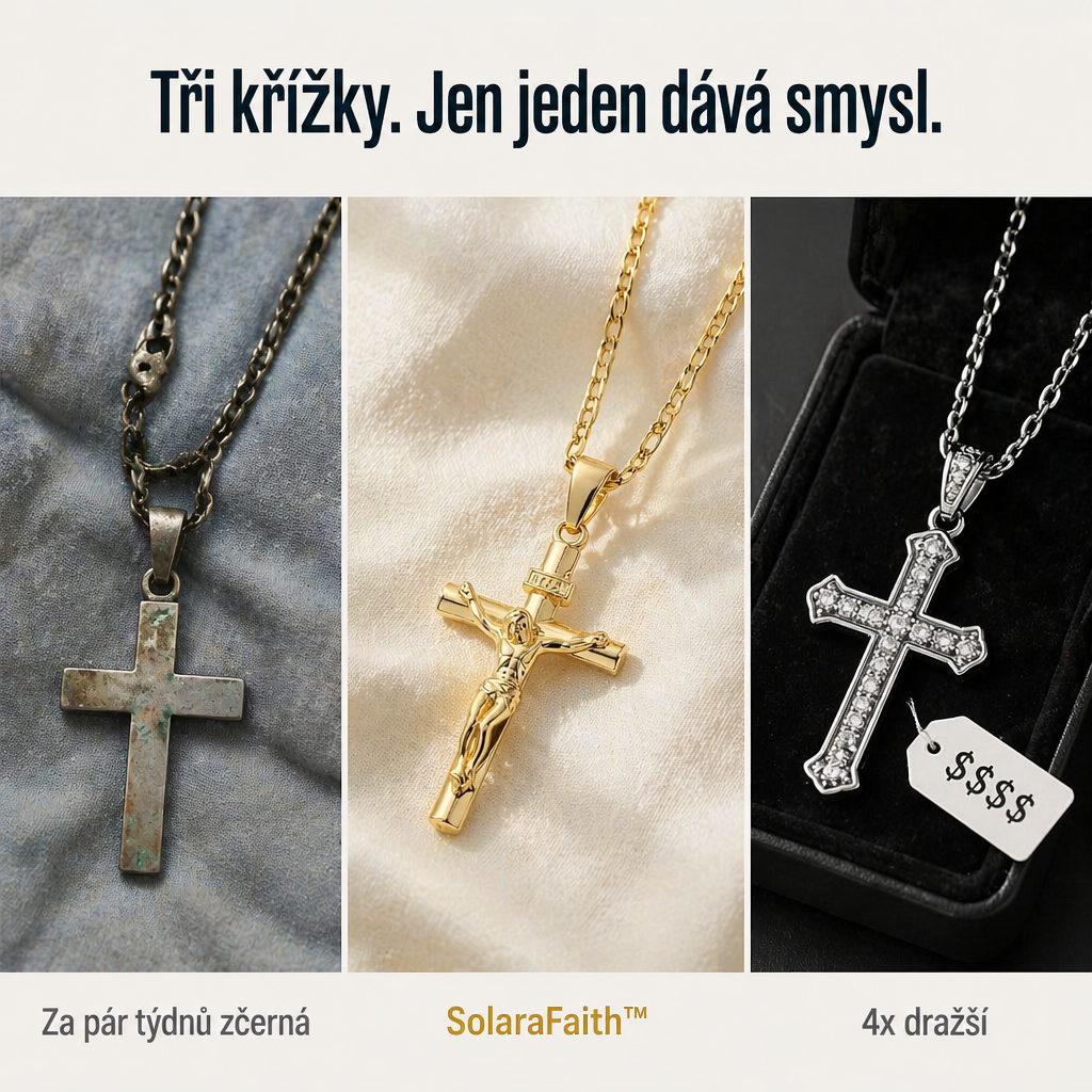 Srovnání tří křížků: zašlý kovový, zlatý krucifix na hedvábí a stříbrný se kamínky 5
