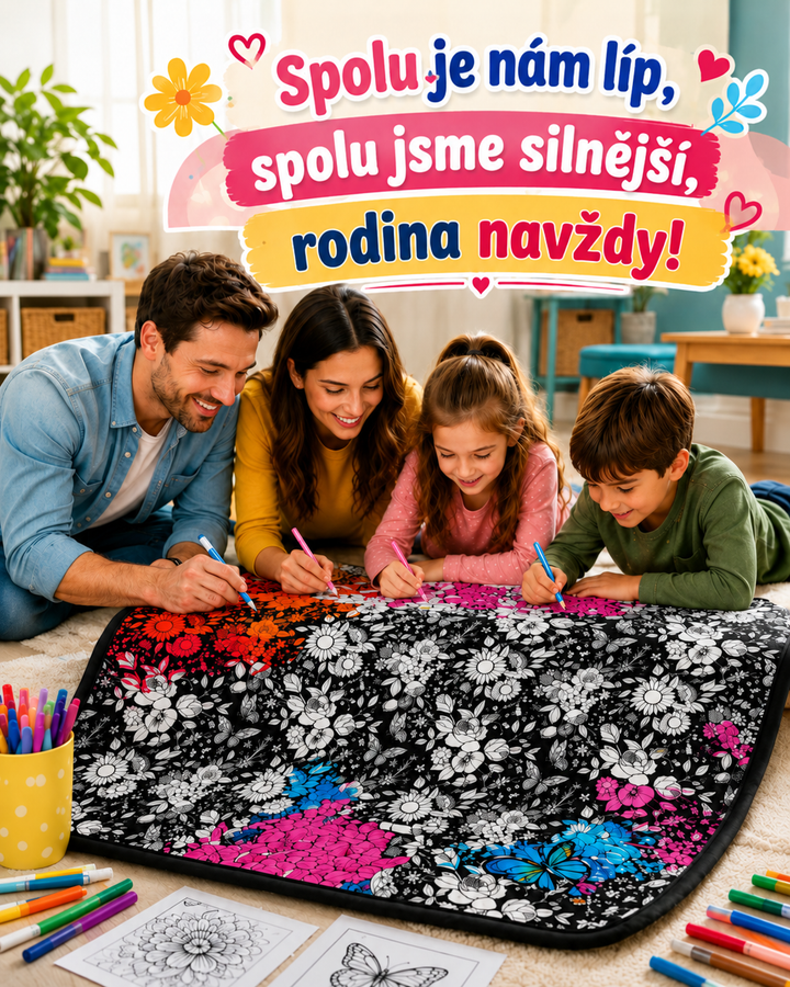 Rodina leží na podlaze a společně vybarvuje květinový vzor na černé dece fixy 3