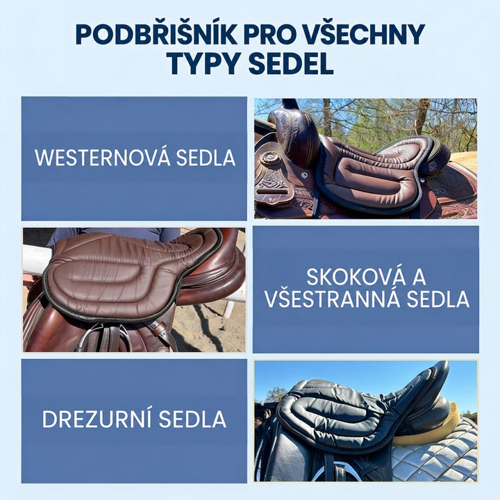 Koláž podsedáku na westernovém, skokovém a drezurním sedle ve čtyřech různých fotografiích 6