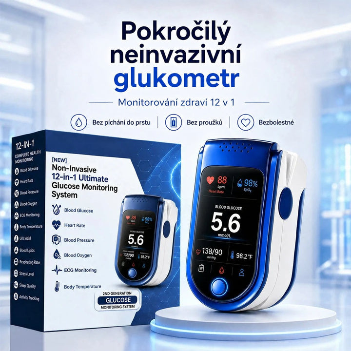 Přístroj na bílém podstavci vedle jeho modré krabice se seznamem měřených funkcí a nadpisem nahoře. 10