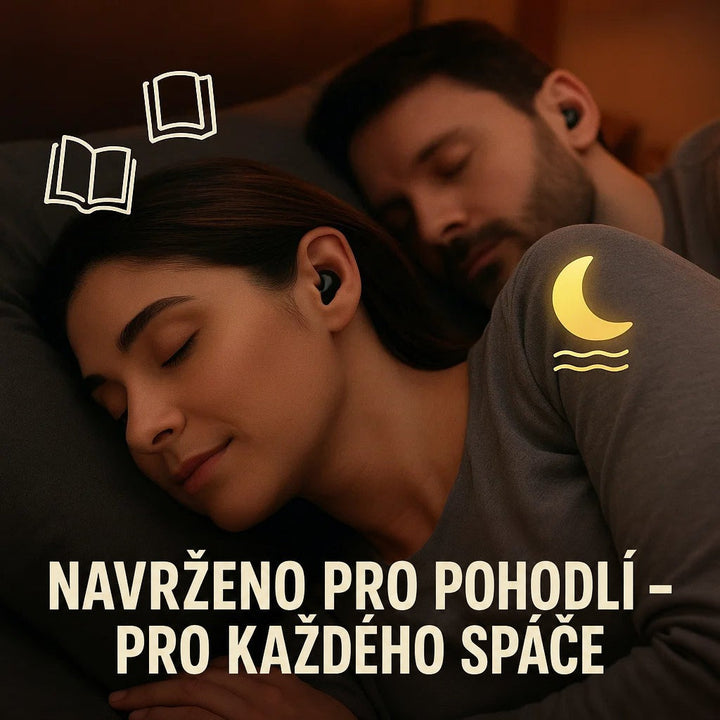 Spící pár na polštáři, žena i muž mají v uchu malá černá sluchátka 6