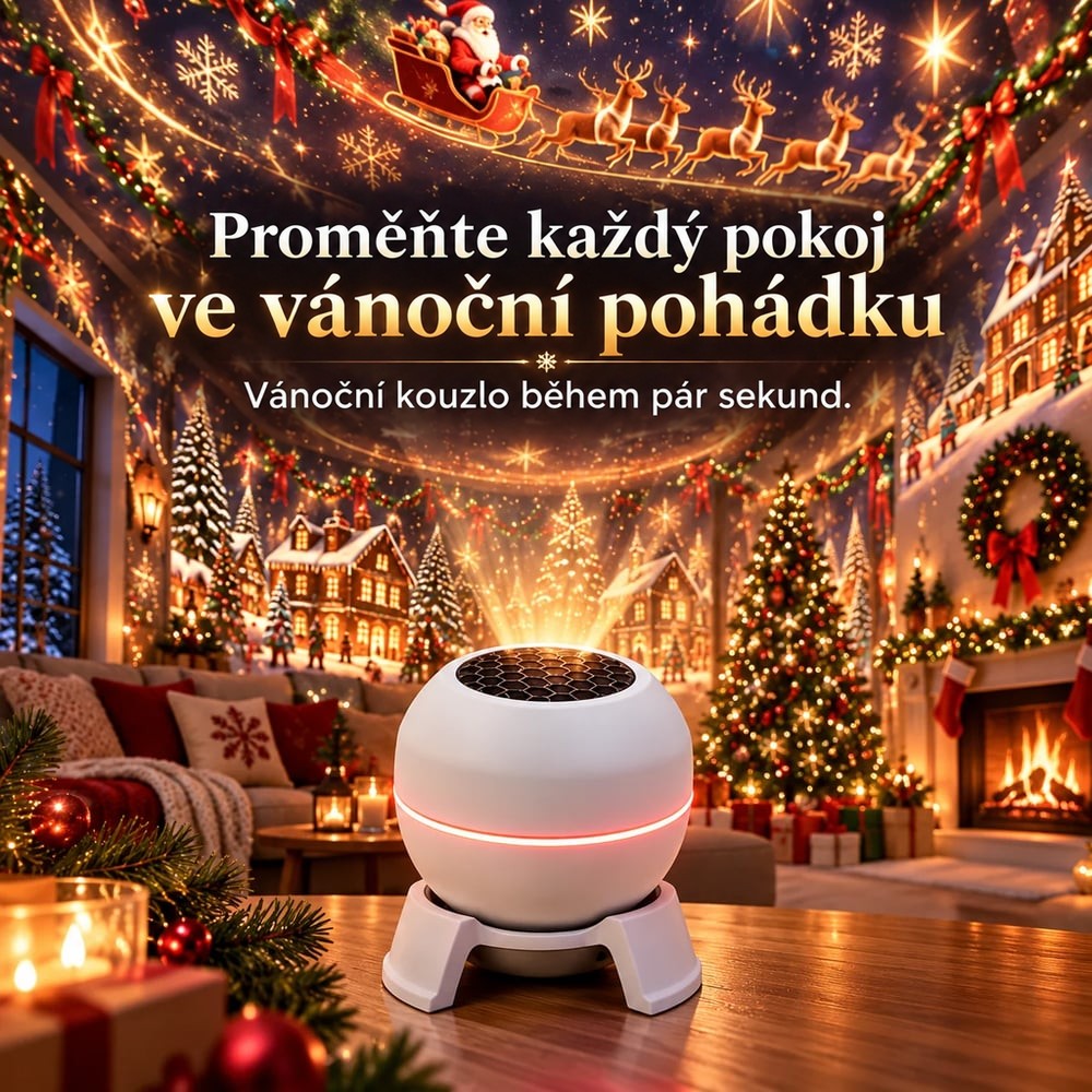 Bílý kulový projektor na stolku promítá na stěny a strop svítící vánoční scénu se Santou 2