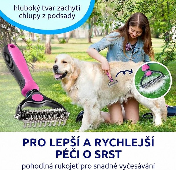 Žena v džínové bundě česá venku na trávě zlatého retrívra růžovým hrablem, vedle detail hrábě se srstí. 8
