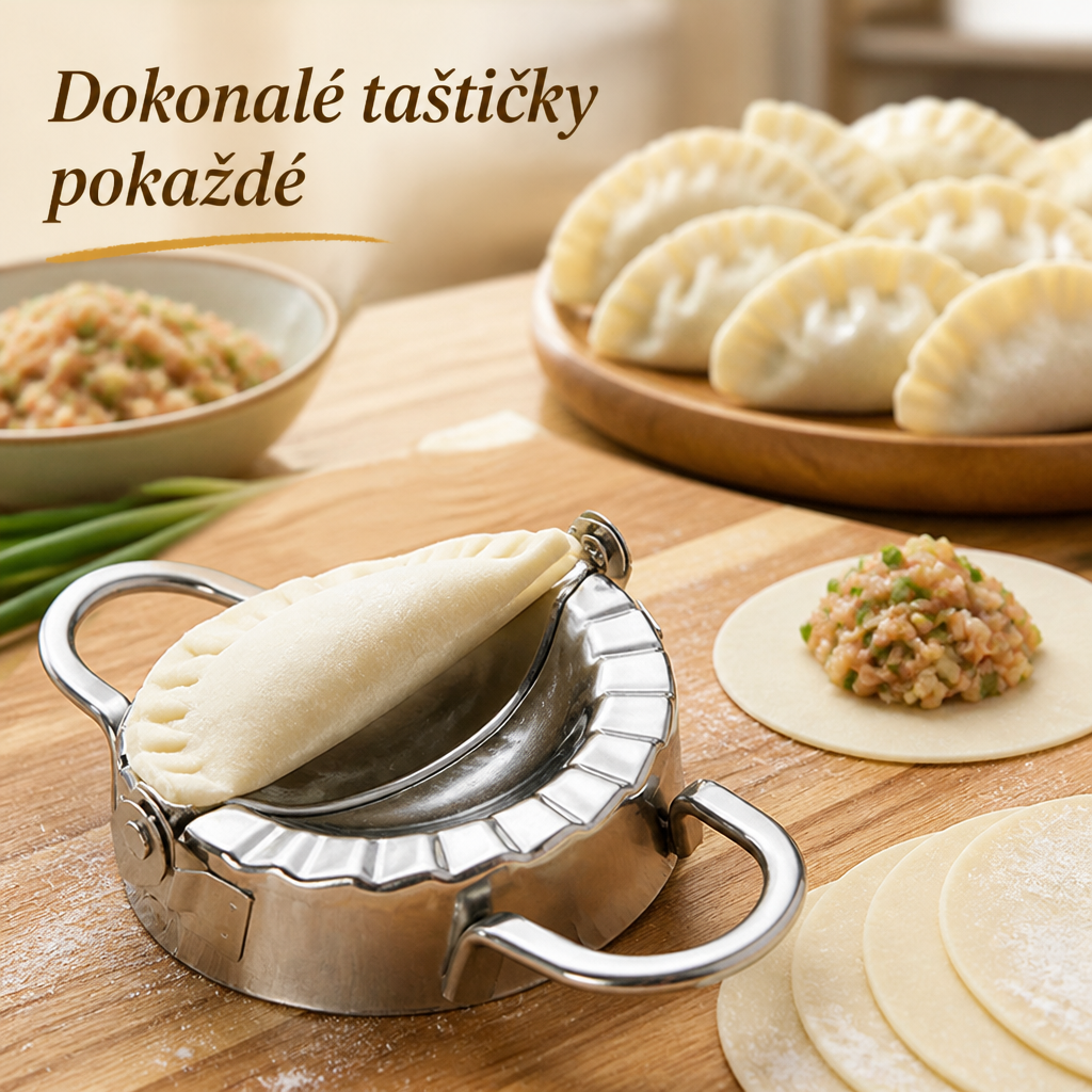 Nerezová forma s vrubovaným okrajem a dvěma madly zavírá plněný knedlíček, vedle na prkně leží hotové knedlíčky, náplň a kolečka těsta. 1