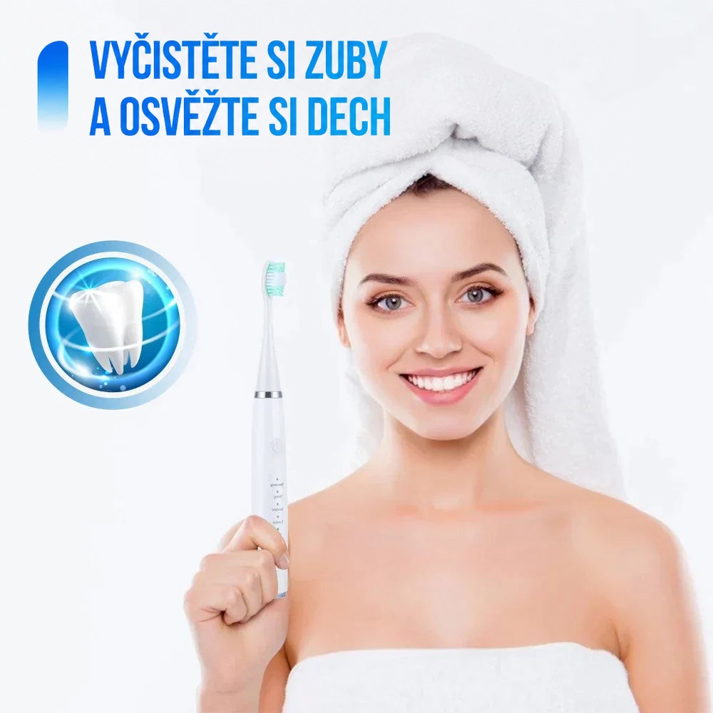 Žena s ručníkem na hlavě drží bílý přístroj s hlavicí kartáčku, vedle ní je ikona zářícího zubu. 8