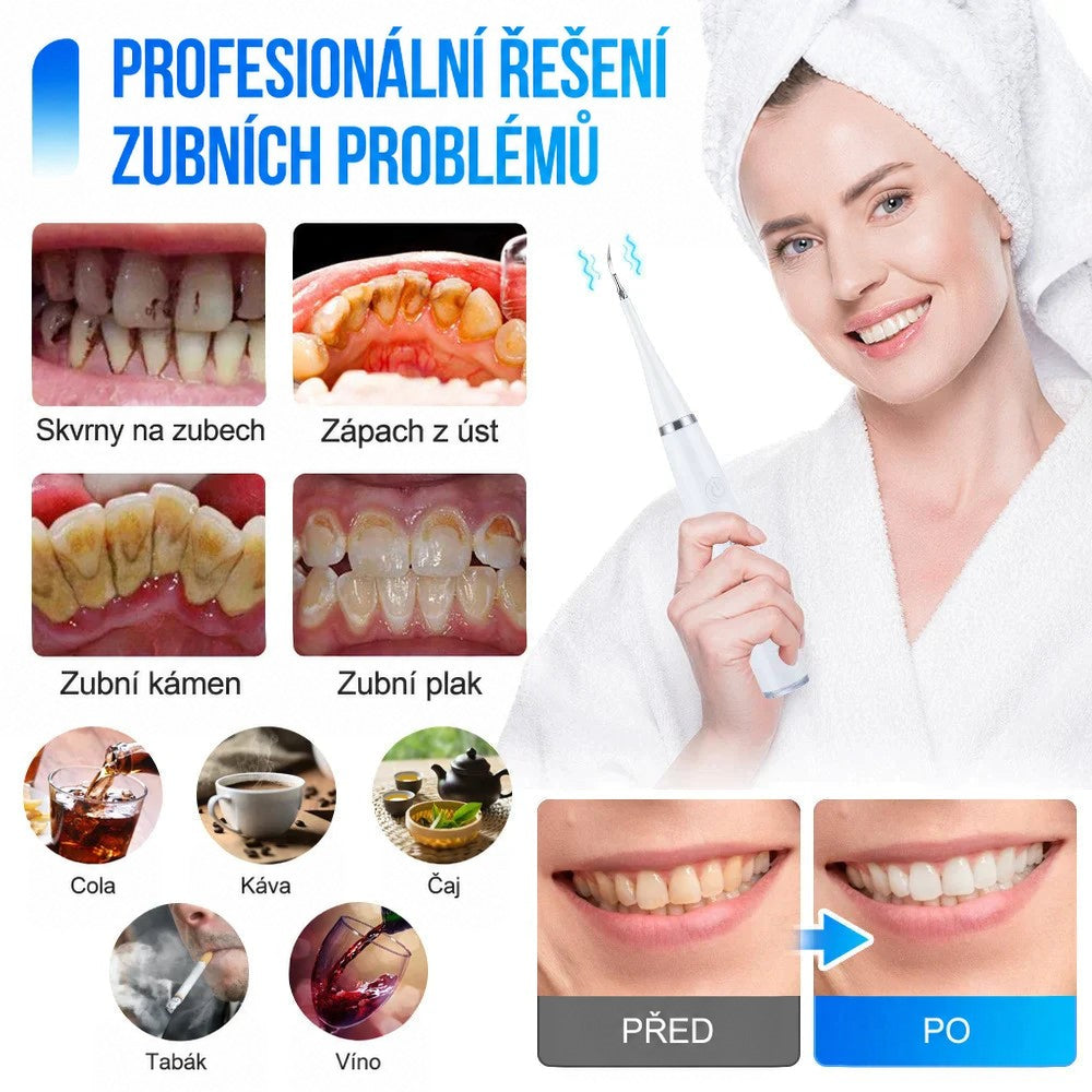 Žena v županu drží bílý přístroj s vibrující špičkou, kolem jsou záběry zubního kamene, skvrn a srovnání zubů před a po. 2