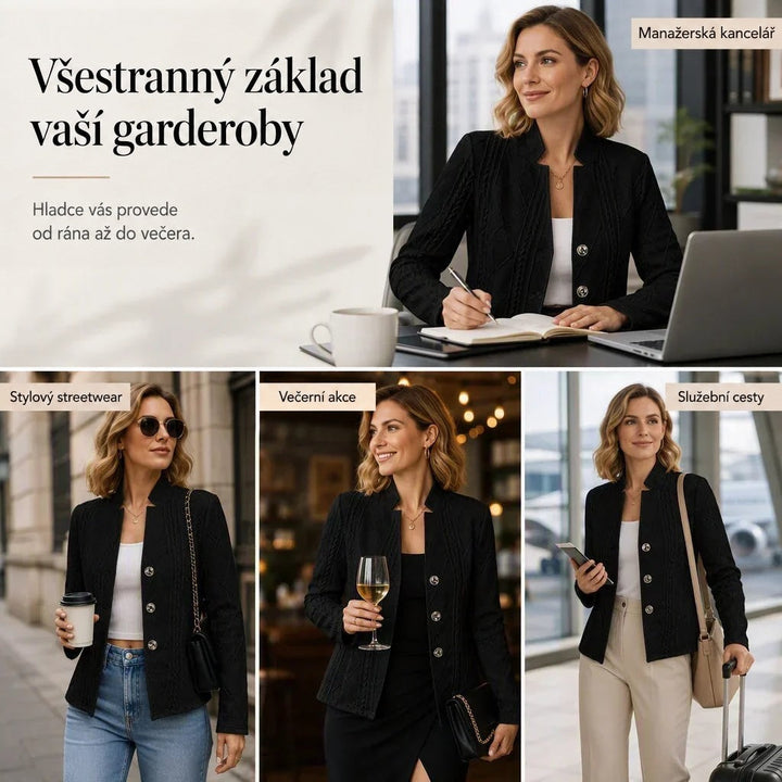 Koláž čtyř záběrů ženy v černém texturovaném saku se stříbrnými knoflíky: v kanceláři, na procházce, na večerní akci a na služební cestě. 21