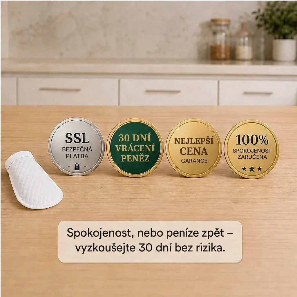 Bílý filtr na dřevěné desce vedle čtyř kulatých odznaků záruk a bezpečné platby. 10