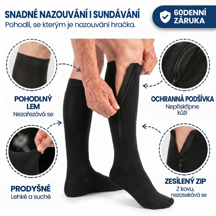 Černé podkolenky se zipem při oblékání, kolem čtyři detaily: lem, podšívka, prodyšnost a kovový zip 7