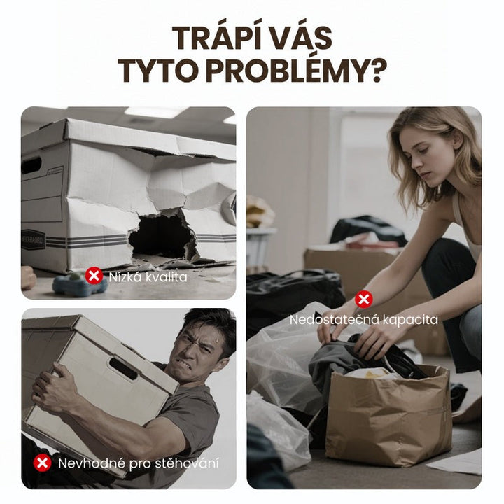Koláž tří nevhodných řešení: potrhaná kartonová krabice, muž nesoucí těžkou krabici a žena přebírající oblečení v papírové tašce. 2