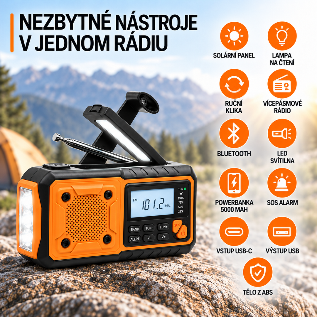 Rádio na skále v horách, vpravo ikony funkcí: solární panel, Bluetooth, powerbanka, SOS a USB 7
