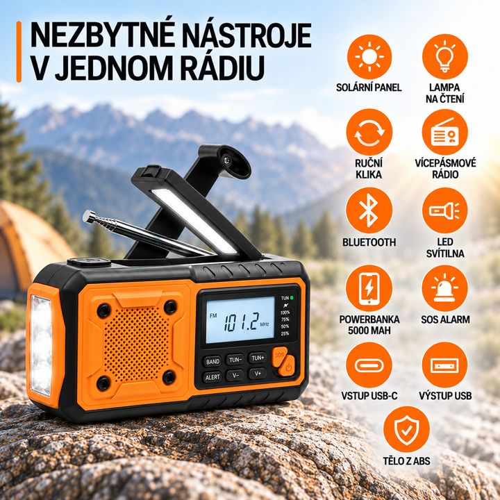 Rádio na skále v horách, vpravo ikony funkcí: solární panel, Bluetooth, powerbanka, SOS a USB 7