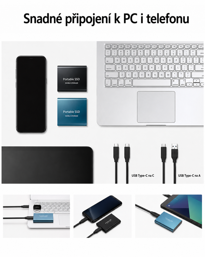 Disky ve spodní části obrázku připojené kabelem k notebooku, telefonu a tabletu, nahoře přehled s kabely USB-C na C a USB-C na A. 4
