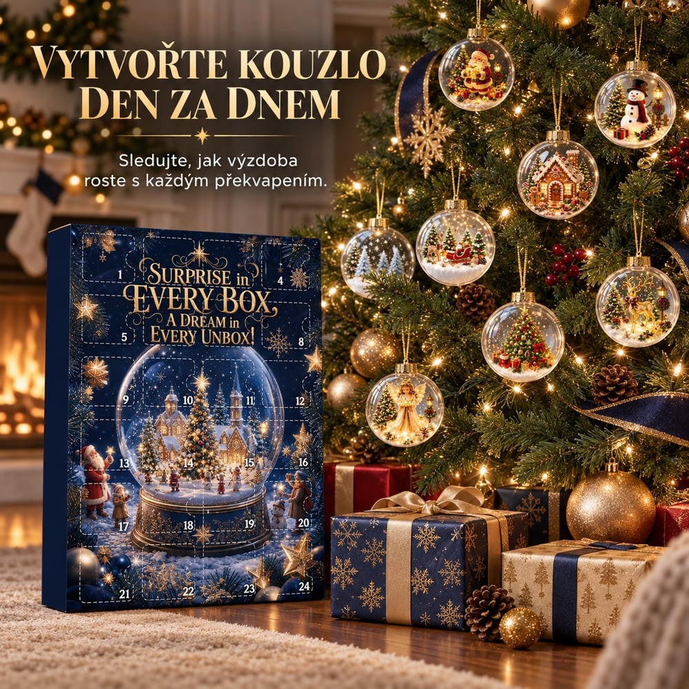 Kalendář stojí u vánočního stromku, na jehož větvích visí průhledné baňky s postavičkami 5
