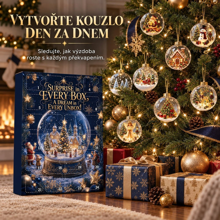 Kalendář stojí u vánočního stromku, na jehož větvích visí průhledné baňky s postavičkami 5