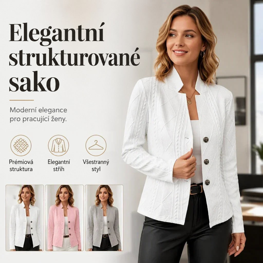 Bílé sako na ženě v kanceláři s malými náhledy bílé, růžové a šedé varianty a ikonami vlastností. 17