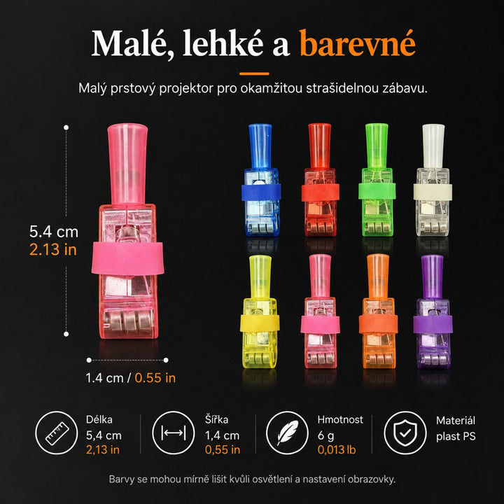 Růžový projektor zblízka s kótami rozměrů, vedle něj osm projektorů v dalších barvách na černém pozadí 11