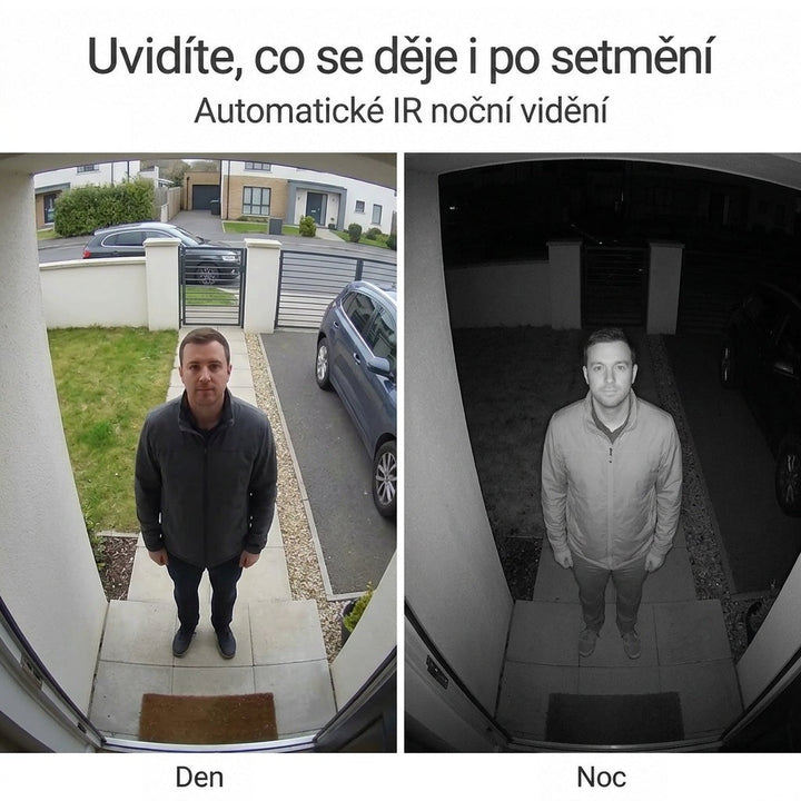 Srovnání záběrů kamery: muž před domem ve dne barevně a v noci černobíle 5