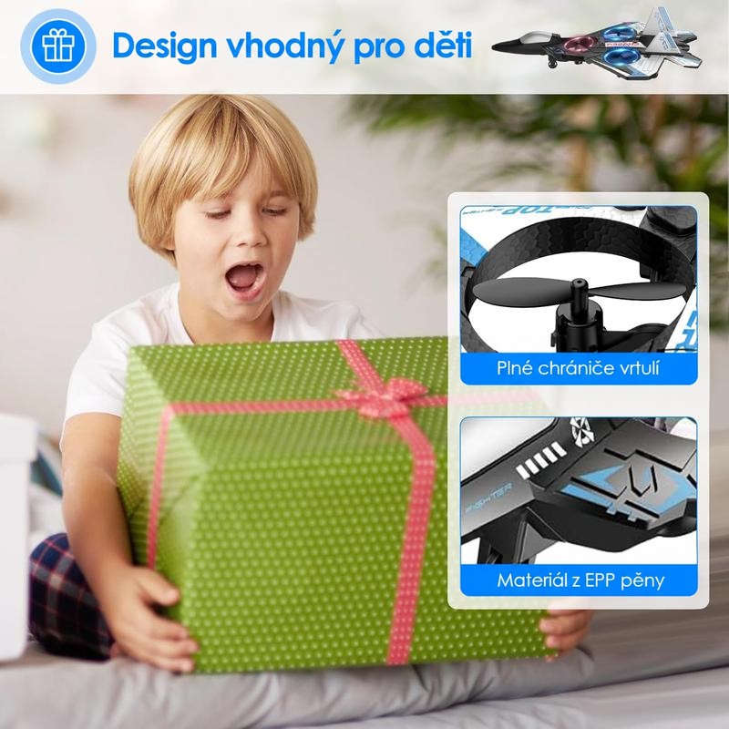 Překvapený chlapec drží zeleně zabalený dárek, vedle jsou detaily ochranných krytů vrtulí a pěnového materiálu letadla. 5