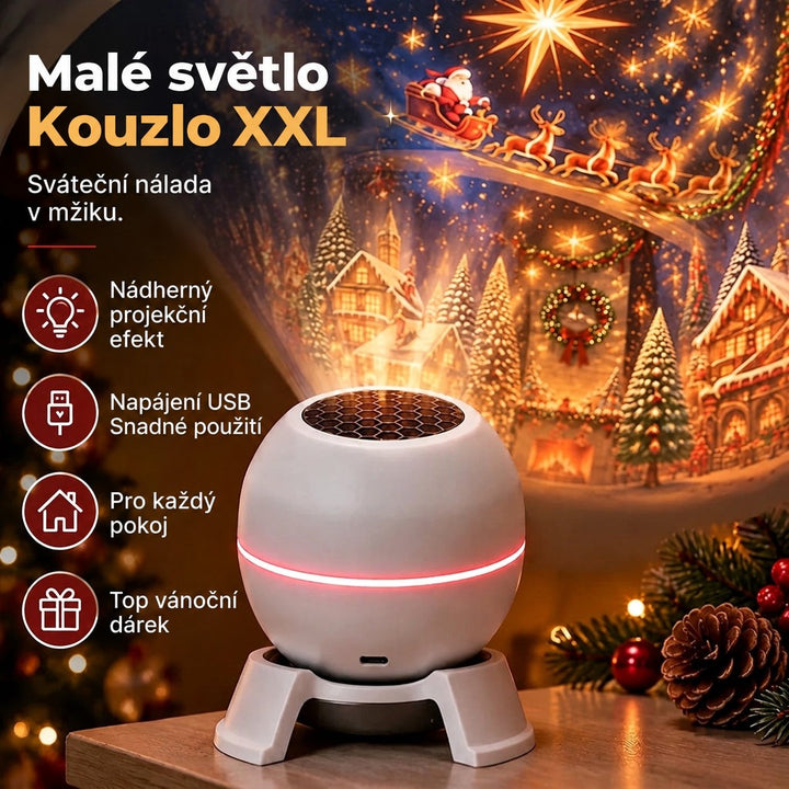 Detail bílého kulatého projektoru na podstavci s červeným světelným pruhem, nad ním vánoční projekce, vedle ikonky funkcí 3
