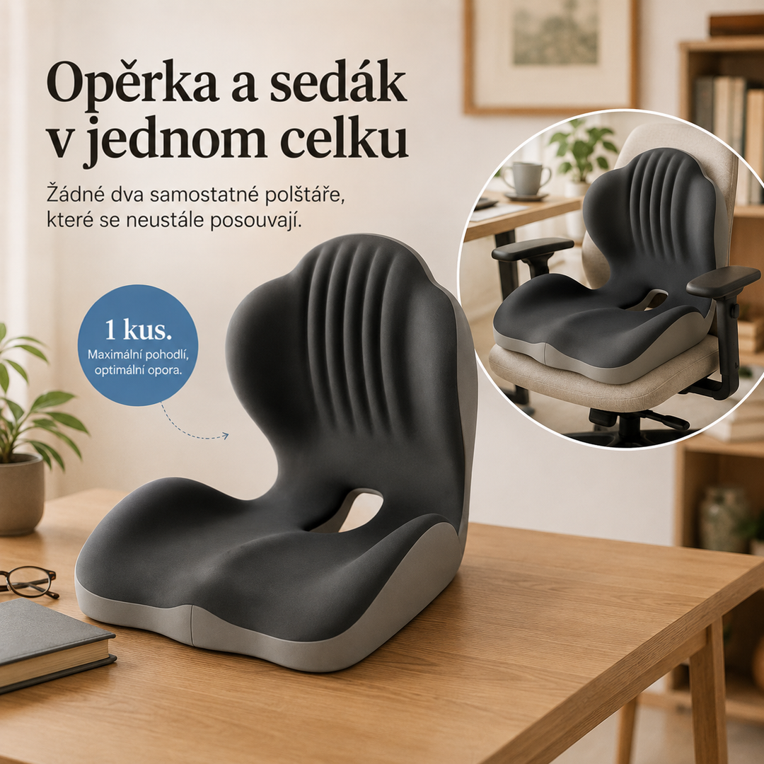 Sedák s opěrkou stojí na stole, v kruhovém výřezu je položený na kancelářské židli 9