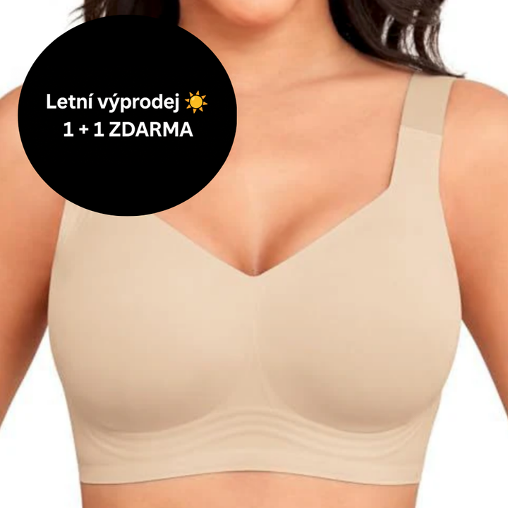 Béžová podprsenka na modelce s černým kruhovým polem o letní slevě v rohu 8