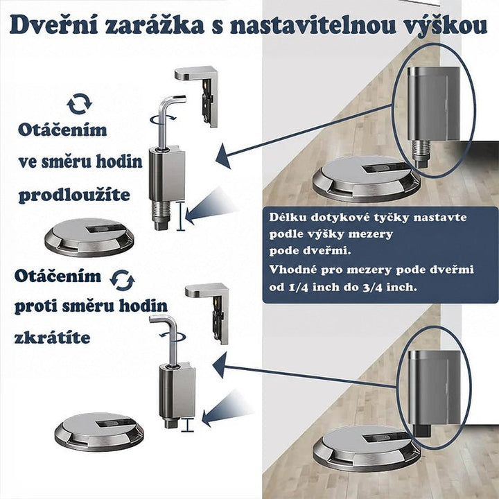 Schéma nastavení výšky dorazu otáčením tyčinky podle velikosti mezery pod dveřmi, s hotovými příklady vpravo 3