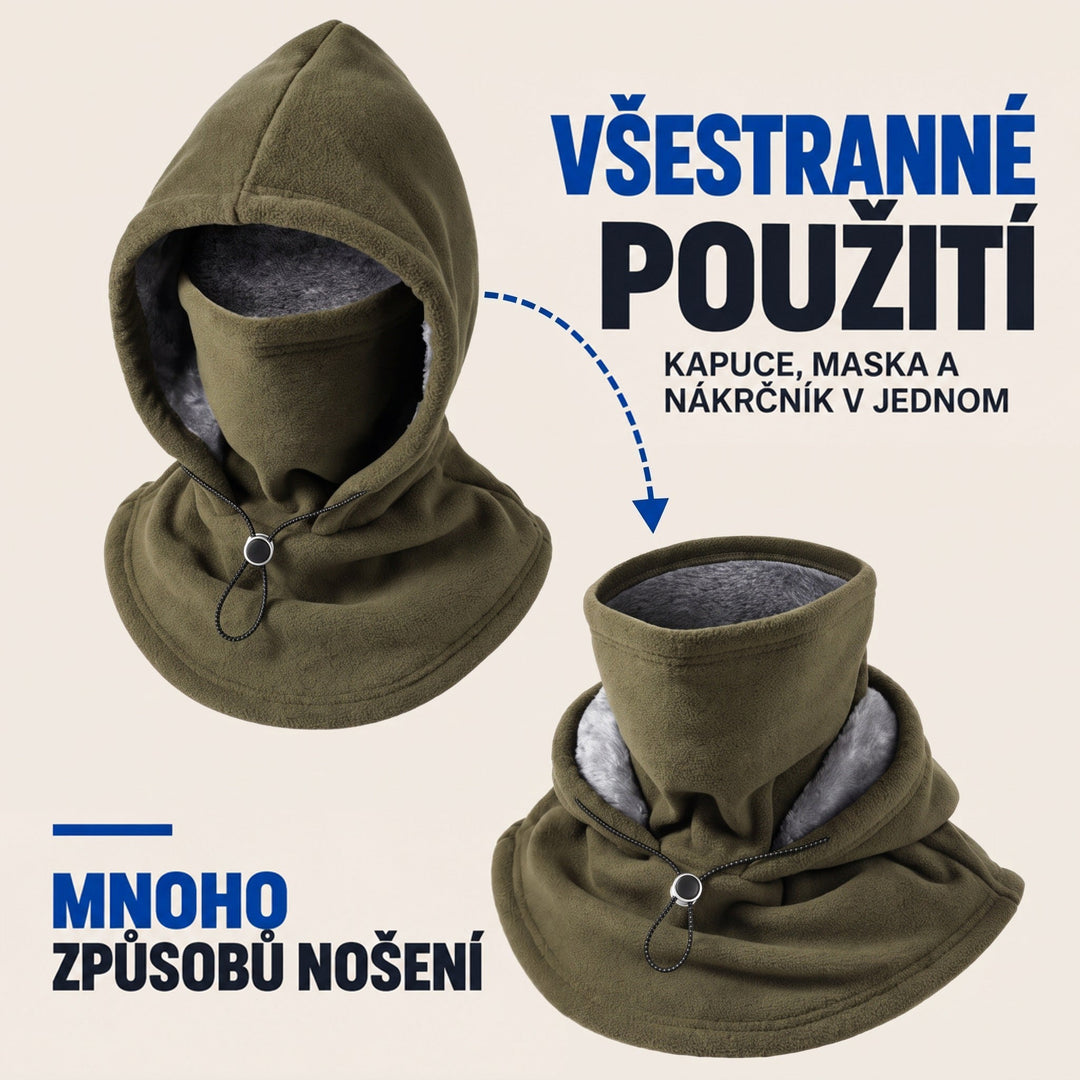 Olivová kukla jako kapuce s krytem obličeje a vedle ní rozložená jako nákrčník 3