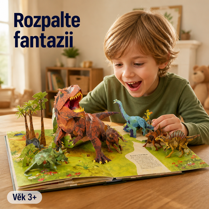 Nadšený kluk v zeleném svetru si prohlíží otevřenou knihu s prostorovými dinosaury na dřevěném stole 6