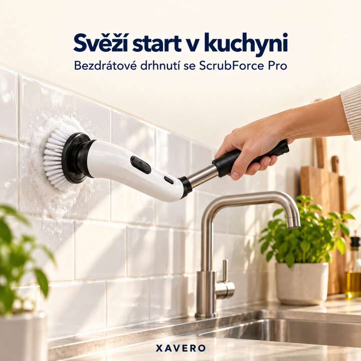 Ruka drží kartáč s krátkou tyčí a drhne pěnivé bílé obkladačky za kuchyňskou baterií 7