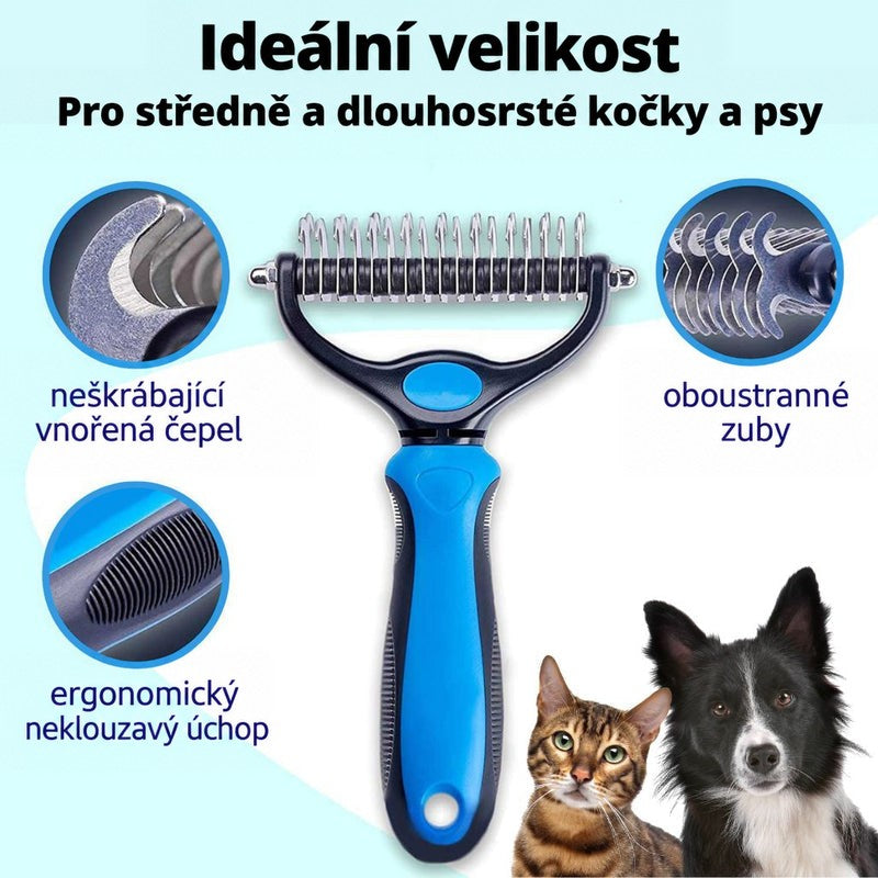 Modro-černé hrablo s kovovými zuby a protiskluzovou rukojetí, vedle kočka a border kolie, s popisky jednotlivých vlastností. 1
