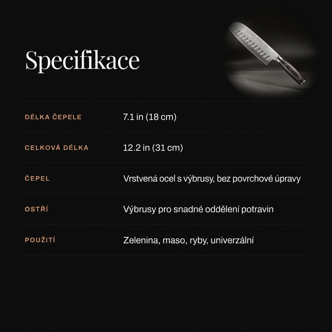 Tmavá infografika s tabulkou parametrů nože a malým obrázkem nože v pravém horním rohu 4