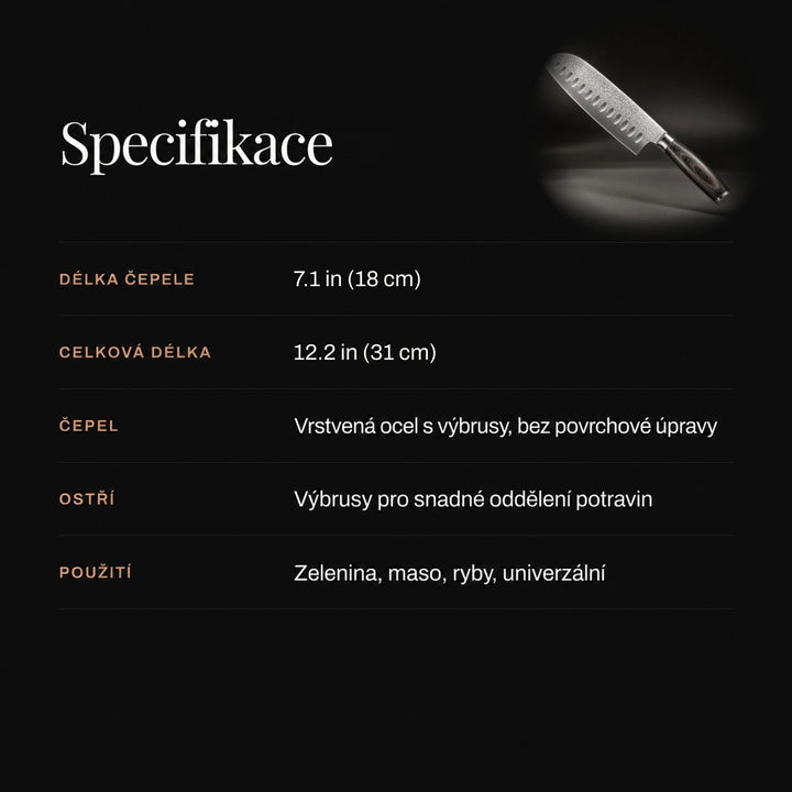 Tmavá infografika s tabulkou parametrů nože a malým obrázkem nože v pravém horním rohu 4