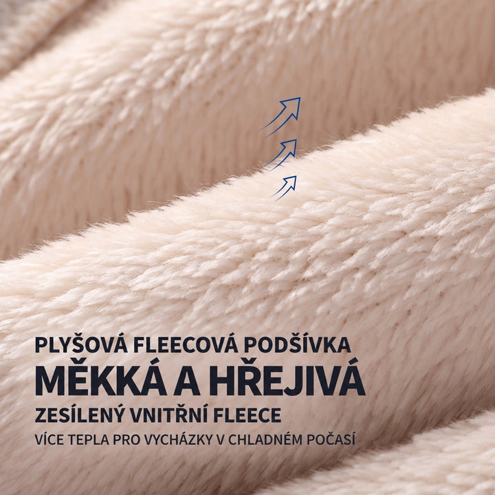 Detail husté béžové plyšové fleecové podšívky zblízka, měkká a hřejivá struktura látky 4